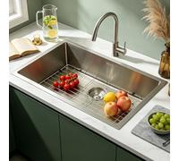 Fregadero de cocina individual de 85 x 48 cm, de acero inoxidable 304, juego completo con escurridor enrollable, sifón, desagüe y rebosadero, adecuado para debajo o montaje superior, 1 lavabo