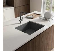 Fregadero de cocina individual de granito, 42 x 46 x 31 cm, grafito | Fregadero empotrable, 10 mm de grosor, agujeros de 30 mm y 35 mm, desagüe con cesta colador, interior