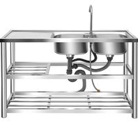 Fregadero de cocina industrial - Doble seno, independiente - Acero inoxidable 201 - 3 estantes - Grifo giratorio 360° - 120 x 45 x 80 cm - Capacidad de carga: 100 kg - Color: plateado