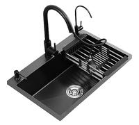 Fregadero de cocina moderno negro de 80 x 50 x 20 cm, cuenco individual de acero inoxidable con grifo extraíble y accesorios, ideal para uso doméstico y bar, diseño elegante, duradero y elegante