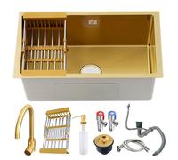 Fregadero de cocina pequeño de 60 x 40 cm, con grifo, dispensador de jabón, escurridor, sifón, tubo de drenaje, fregadero dorado de acero inoxidable, fregadero pequeño