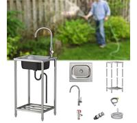 Fregadero de cocina portátil de acero inoxidable con grifo, fregadero comercial de un solo tazón para uso en interiores y exteriores, perfecto para lavandería, granja, patio, jardinería y camping