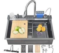 Fregadero de cocina Smart Waterfall de 80 cm, moderno acero inoxidable 304 con 5 funciones, arandelas extraíbles y juego completo de accesorios para un diseño elegante del hogar