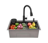 Fregadero de cocina y lavabo de acero inoxidable negro, 60 x 45 cm, lavabo multifuncional empotrable con grifo extraíble, lavavajillas, cesta escurridora, dispensador de jabón