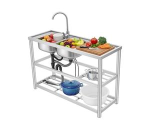Fregadero de gas independiente de acero inoxidable, 2 senos con desagüe, carga máxima de 100 kg, plateado, 120 x 80 cm