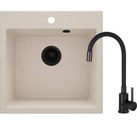 Fregadero de granito beige, de una sola cuba, con grifo nero, encimera, acabado mate, sifón compacto, caño flexible y desagüe de 3.5"
