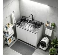 Fregadero de Lavadero con Mueble Inox y Aluminio, Grifo Frío/Caliente para Cuarto de Servicio, Sótano y Taller
