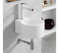 Fregadero de pared - Mini lavabo de cerámica con grifo para baño, lavabo redondo fácil de instalar, ideal para soluciones de ahorro de espacio