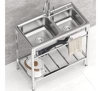Fregadero de pie al aire libre, cuenco doble, acero inoxidable, fregadero de catering con grifo, fregadero de cocina portátil, estante de almacenamiento para garaje, lavandería, 83 cm de largo x 45 cm