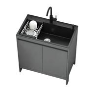 Fregadero de Servicio Multifuncional de Acero Inoxidable con Armario - Incluye Grifo de Agua Fría/Caliente, Dispensador de Jabón y Cesta Deslizante, para Cocina, Lavadero o Uso Exterior