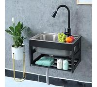 Fregadero de un solo cuenco, montado en la pared, de acero inoxidable, con grifo extraíble y soporte, para garaje, jardín, cocina, cuarto de lavado