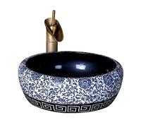 Fregadero del Baño Lavabo de lavabo porcelana for baño, tocador sobre encimera azul y blanco, redondo 16.5 '' x(With accessories set)