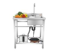 Fregadero derecho de acero inoxidable, 80 x 55 cm, lavabo de cocina independiente con grifo giratorio 360°, fregadero estable para camping con patas ajustables, drenaje rápido y fácil limpieza para la