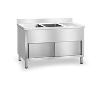 Royal Catering RCHS-1400WS Fregadero Cocina Industrial Dos Senos con Armario (Acero Inoxidable, 80x139,8x94,5 cm, Senos de 40x40x26 cm, Superficie de Almacenamiento)