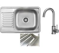 Fregadero empotrable VBChome con grifo, 66x42 cm, acabado texturizado, acero inoxidable, para montaje en la izquierda. Fregadero de cocina, superficie de trabajo, zona de escurrimiento, diseño rectang