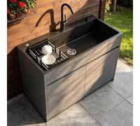 Fregadero Exterior con Armario, Autoportante, Acero Inox, 65/80cm | Mueble aluminio resistente, grifo, escurridor, kit desagüe. Gris. Para jardín/terraza(L:80cm)