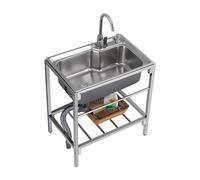 Fregadero Exterior Jardin,Fregadero Portatil Camping,Fregadero de Cocina Comercial con Banco de Trabajo Acero Inoxidable Independiente Con Agua Fria y Caliente Grifo,para Garaje, Cocina, Lavadero(58*4