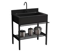 Fregadero Exterior Jardin, Mueble pila Lavadero, Fregaderos de Cocina 1 Senos de Acero Inoxidable, Fregadero Negro con Grifo y Escurridor, Limpieza Fácil, para Baño, Restaurante, Lavandería(66x51x94cm