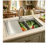 Fregadero Grande de Cocina 60x50cm, Acero Inoxidable 304 Cepillado, 1 Seno, con Tabla Cortar Inox, Escurridor, Rejilla y Kit Desagüe Completo, para Bajoencimera o Sobremesa