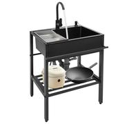 Fregadero independiente de acero inoxidable para cocina, giratorio 360°, tamaño grande, fregadero de cocina de acero inoxidable empotrable, grifo con cesta de desagüe, patas ajustables, color negro