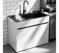 Fregadero Inox con Almacenaje Aluminio, 65/80cm | Fregadero multiusos autoportante, grifo agua caliente/fría, escurridor, tubo desagüe. blanco(L:68cm)
