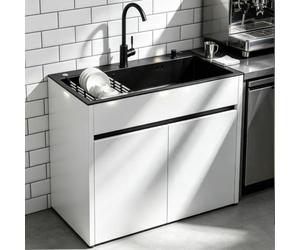 Fregadero Inox con Almacenaje Aluminio, 65/80cm | Fregadero multiusos autoportante, grifo agua caliente/fría, escurridor, tubo desagüe. blanco(L:68cm)