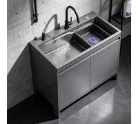 Fregadero Inox con Almacenaje Aluminio, Autoportante, 65/80cm | Set completo: fregadero, mueble, grifo, escurridor, tubo desagüe. Gris. Altura 86cm(L:80cm)
