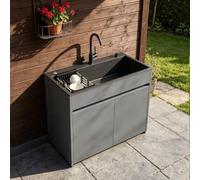 Fregadero Jardín con Almacenaje, Autoportante, 65/80cm | Acero inox, mueble aluminio, grifo, escurridor, tubo desagüe. Gris. Exterior(L:68cm)