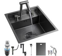 Fregadero portátil de camping negro con grifo, multifuncional para bar y hogar, diseño que ahorra espacio, kit de drenaje fácil para uso e instalación en exteriores