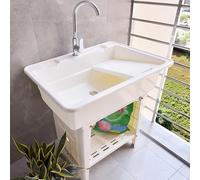 Fregadero portátil de cocina al aire libre con grifo de agua fría y caliente y bañera de lavandería para camping, jardín, patio, uso comercial, color blanco (68 x 58 x 80 cm)