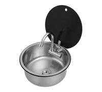 Fregadero redondo de 34 cm de acero inoxidable con grifo plegable para | Grifo plegable inoxidable 304, tapa de cristal templado, drenaje rápido, para caravana, cocina
