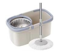 Fregona retráctil giratoria de 360 ° con cubo, mopa redonda de acero inoxidable de Doble accionamiento, Herramientas de limpieza automática para el hogar en seco y húmedo, 2 recambios