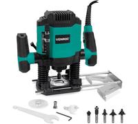 Fresa de sobremesa Silecomplaza de 1200W con velocidad variable [16.000-30.000 RPM], profundidad de corte [55 mm], mandril [6 y 8 mm]. Incluye conexión para aspiradora y juego de 6 brocas