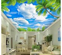 Fresco Palmeras Hojas Verdes Cielo Azul Nubes Blancas 3D Papel Pintado Pared Premium Textura Seda Estudio Comedor Vinilos Dormitorio Sofás TV Cocina-350cm×256cm