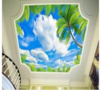 Fresco Palmeras Hojas Verdes Cielo Azul Nubes Blancas 3D Papel Pintado Tapiz Textura de Seda Oficina Comedor Sofá Dormitorio Sala Estar TV Fondo Pantalla-300cm×210cm