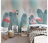 Fresco Plantas Hojas Verdes Rosa Flamencos 3D Papel Pintado Pared Fácil Instalación Oficina Sala Estar Sofá Dormitorio TV Fondos Decoración-250cm×170cm