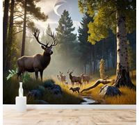 Fresco Verde Bosque Alces Luz Del Amanecer Papel Pintado 3D Seda Texturizada Primera Calidad Neutros Material Ideal Para SalóN Dormitorio-350cm×256cm
