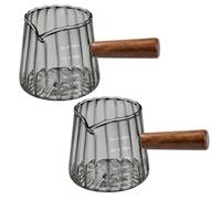 FrostyFlair Vaso medidor para Espresso, 2 Piezas Vaso medidor de Vidrio y Tazas para Espresso, 180 ml de Vidrio de borosilicato con Mango de Madera, Pico vertedor en V para espumar Leche, café, té y