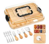 FTISSLY Tabla de Quesos y Embutidos Madera con Tapa Hermetica 38,5x29cm Plato Picoteo Embutidos Tabla Bambú Aperitivos Grande Rectangular con 6 Compartimentos 8 Cubiertos con Asa para Desayuno Picnic