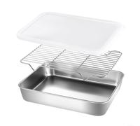 FUANA Bandeja, Bandeja profunda de acero inoxidable con tapa con cubierta de rejilla de enfriamiento Juego de bandeja rectangular de acero inoxidable para almacenamiento de cocina para horno