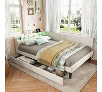 FUCMKON Cama de 140 x 200 cm con espacio de almacenamiento, sofá cama con cajones, cama acolchada de 140 x 200 cm con somier, sofá cama de 140 cm de ancho con USB y LED, estructura de cama juvenil