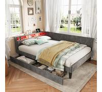 FUCMKON Cama de 140 x 200 cm con espacio de almacenamiento, sofá cama con cajones, cama acolchada de 140 x 200 cm con somier, sofá cama de 140 cm de ancho con USB y LED, estructura de cama juvenil