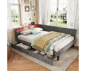FUCMKON Cama de 140 x 200 cm con espacio de almacenamiento, sofá cama con cajones, cama acolchada de 140 x 200 cm con somier, sofá cama de 140 cm de ancho con USB y LED, estructura de cama juvenil