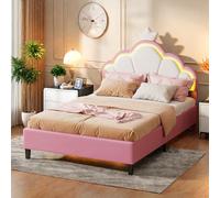 FUCMKON Cama infantil de 90 x 200 cm con somier, cama para niñas con LED, cama de princesa con cabecero de cama, cama para niños a partir de 8-14 años, terciopelo, sin colchón (rosa A, 90 x 200 cm)