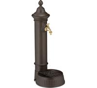 Relaxdays Fuente de Pie Antigua, con Grifo y Pila, 72 x 26 x 31 cm, Bebedero Metálico de Jardín, Terraza, Marrón