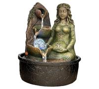Fuente de Interior Madre Tierra con Luz Led y Bola Giratoria, 26 cm | Cascada de cuencos de hoja con esfera de cristal que gira, figura verde musgo con árbol de la vida, sonido de agua relajante