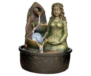 Fuente de Interior Madre Tierra con Luz Led y Bola Giratoria, 26 cm | Cascada de cuencos de hoja con esfera de cristal que gira, figura verde musgo con árbol de la vida, sonido de agua relajante