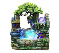 Fuente de mesa con iluminación LED, cascada, fuente de mesa con niebla, jardín rocoso, fuente de interior con planta verde, para casa, dormitorio, escritorio, decoración 24x24x21cm