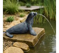 Fuente solar con bomba - Figura de estanque con bomba solar y juego de agua - Decoración de jardín en poliresina con aspecto de bronce - Fuente solar para estanque de jardín y corriente de agua (Foca