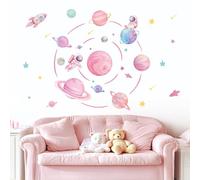 fufuquare Calcomanías de Pared del Espacio Exterior Rosa Pastel con Cohete Planetario y Astronauta, Pegatinas de Pared Extraíbles para el Dormitorio de la Niña, la Guardería, Habitación de Los Niños
